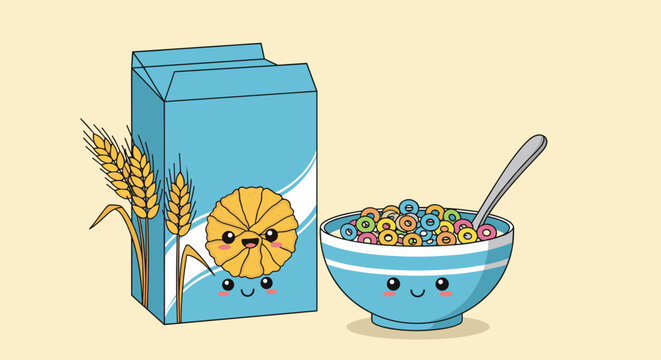 Adorable kawaii style illustration featuring a cute cereal box character and a bowl filled with colorful fruit loop cereal rings and milk.
