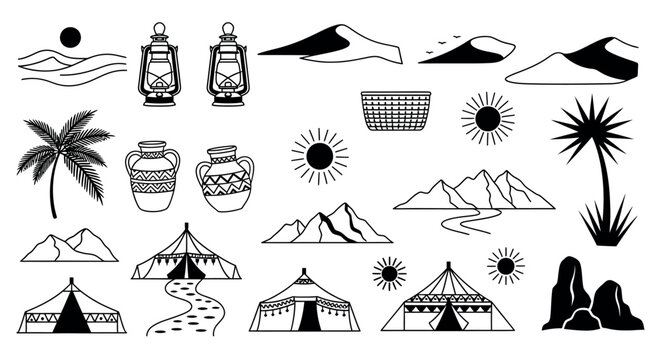 Minimalist desert landscape line art and nomadic culture elements set