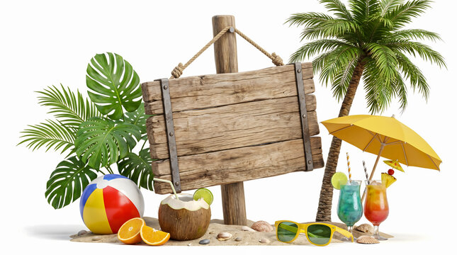A 3D render of a blank rustic wooden sign board on a patch of tropical sand beach isolated on a clean white background.