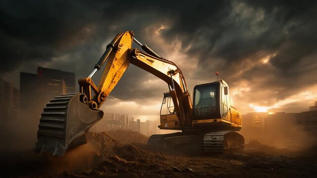 Heavy construction equipment excavator operating against dramatic sky