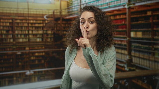 Woman finger to lips for silence in library building, bookshelves behind and white tank top visible, looking at camera with index finger; study silence.