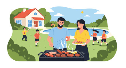 Naklejka premium Happy family having a backyard barbecue party with parents grilling food while children play near the house and swimming pool on a sunny day.