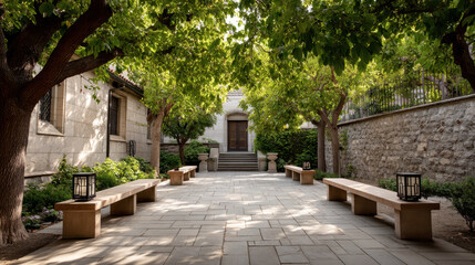 Fototapeta premium Classic Inner Courtyard Stone Benches Sunny Afternoon Shadows