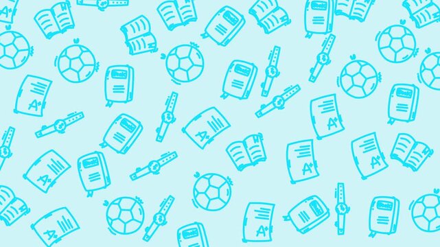 Light blue doodles spread across soft background. Books, watches, and soccer balls in simple outline style. Pattern repeats evenly, giving calm, academic vibe