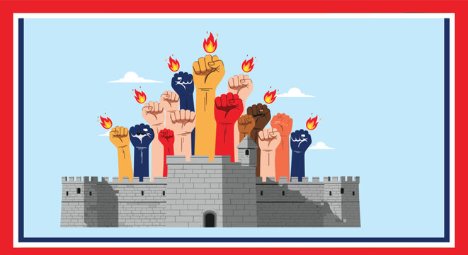 Group of diverse colorful fists raised in protest or solidarity from behind a stone castle wall with small flames on top for empowerment.