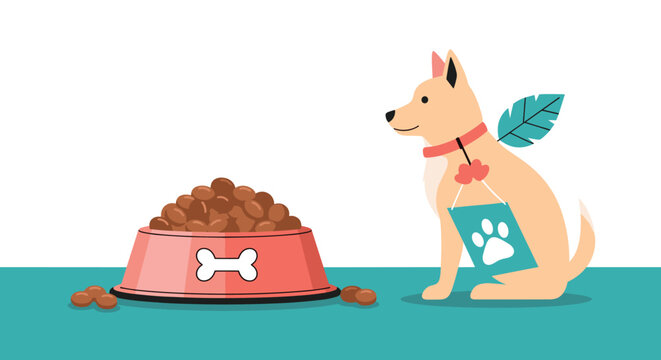 Cute tan dog with a small green wing accessory on its back looks longingly at a red bowl filled with plenty of brown kibble dog food.
