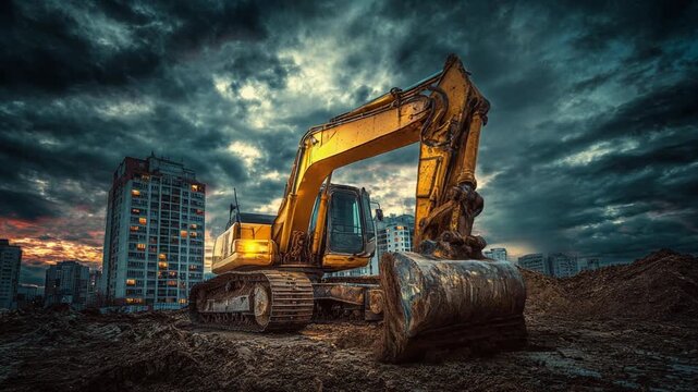 Heavy excavator at construction site digging earth under dramatic cloudy sky