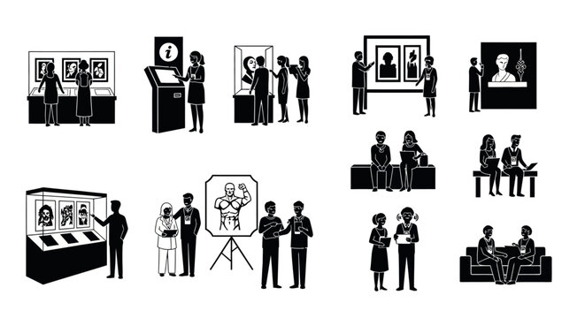 Illustrated people engaging with art exhibition displays and interactive exhibits