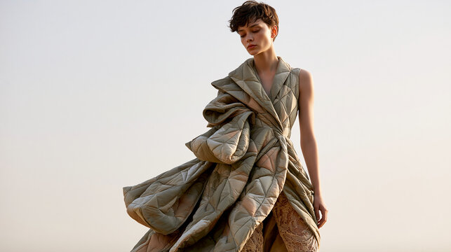 Eine androgyne Person tr&auml;gt ein dramatisches, strukturiertes Kleid aus gemustertem Stoff mit gro&szlig;en Falten und steht vor einem hellen, dunstigen Hintergrund.
