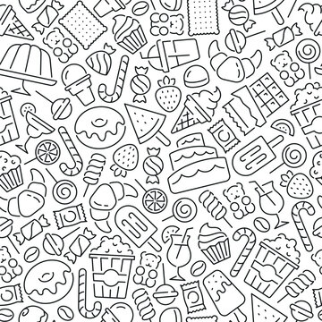Seamless pattern with sweets. Black and white thin line icons