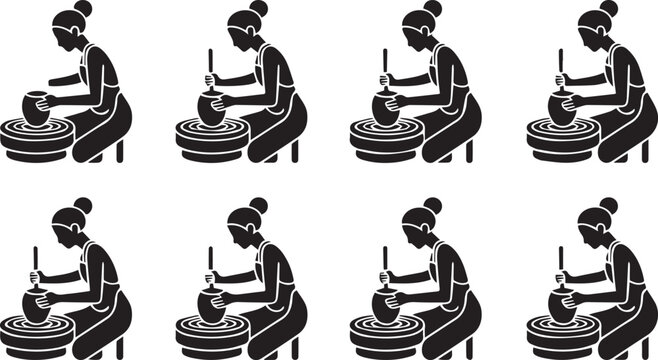 Silhouette meditating yoga poses sequence in black and white minimalist style