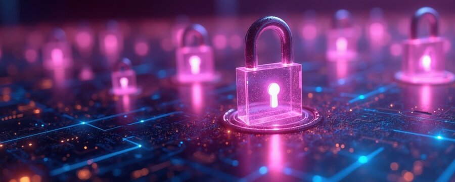 Digital locks on circuit board. Glowing padlocks rise from cyber terrain. Data streams flow over tech surface. Network security concept with purple and blue tones.