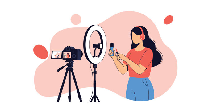 Beauty blogger recording makeup tutorial video using professional ring light and camera in home studio.