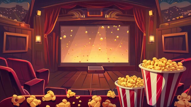Empty movie theater with popcorn and empty seats.