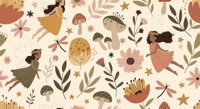 Whimsical fairy characters flying among flowers and mushrooms in a dreamy garden pattern