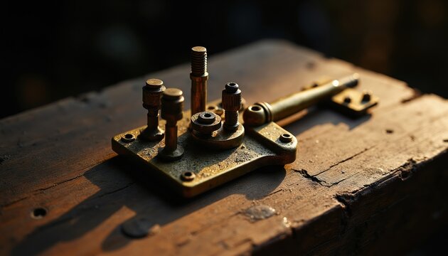 Close-up of antique brass telegraph key on aged wood. Warm light highlights metallic sheen and wood grain texture. Vintage communication device with shallow depth of field.