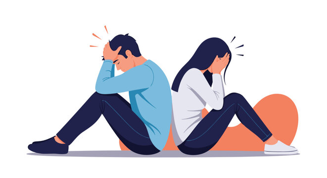 Sad young man and woman sitting back to back on the floor experiencing relationship problems and emotional distress.