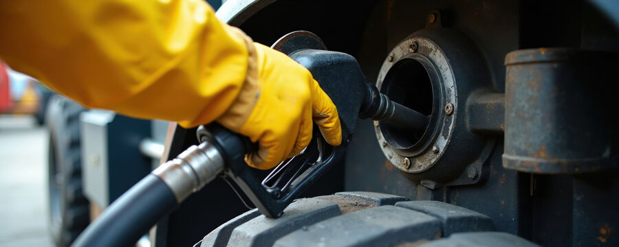Yellow gloved hand holds fuel nozzle inserting into heavy vehicle fuel tank. Close view of machinery refueling process. Industrial vehicle service at refueling station. Gas station work detail.