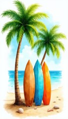 Obraz premium Three surfboards stand on a sandy beach under two palm trees. Gentle waves lap the shore under a bright blue sky with fluffy clouds. This illustration evokes a serene tropical vacation vibe.