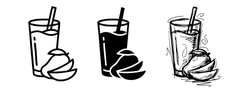 Set of Mango Juice Icons, Vector Illustration of Fresh Tropical Fruit Drink, Smoothies and Nectar Graphics in Outline, Silhouette, and Sketch Styles for Food and Beverage Design