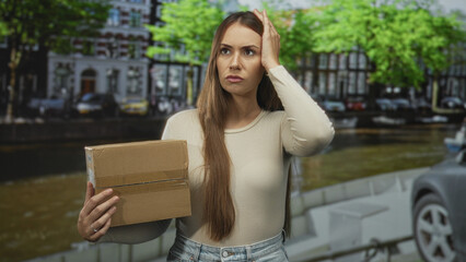 Fototapeta premium Young hispanic woman holding taped cardboard box, palm to forehead and hand on head gesture, perplexed face, standing beside canal and parked car on street; frustration delivery problem.