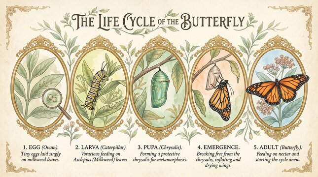 Vintage life cycle of the butterfly poster, educational biology chart with egg larva pupa and adult stages, antique botanical illustration