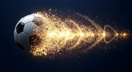 Fototapeta premium Soccer ball exploding with golden sparks and debris flying out against a dark blue background creating a dynamic sports scene
