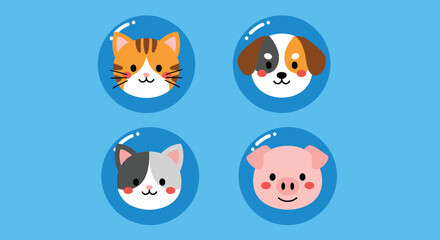 Fototapeta premium Cute cartoon animal face icons of a tabby cat, puppy, calico cat, and pig in blue bubbles on a light blue background.