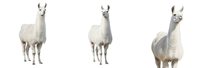 Set of Three White Llama Portraits Isolated on White Background, Majestic Fluffy South American Camelids, High-Quality Cutout PNG Images for Animal Conservation, Travel Design, Wildlife Photography, a © Qari