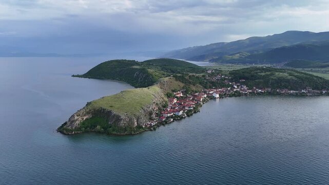 Drone View of Lin Village and Small Peninsula in Pogradec
