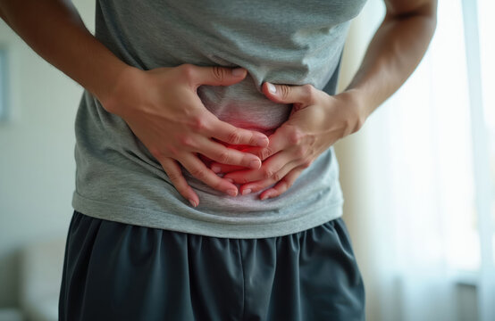 Man holds sore stomach with red glowing pain area. Abdominal discomfort, belly ache, possible hernia symptom or digestive issue. Needs medical care.