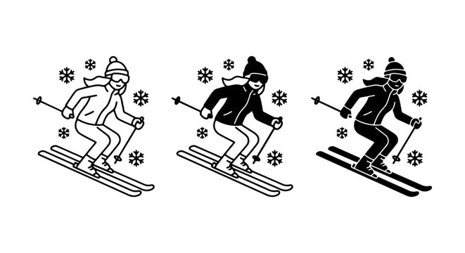 Skiing Icons Set: Winter Sports, Snowflakes, Action Poses, Vector Graphics