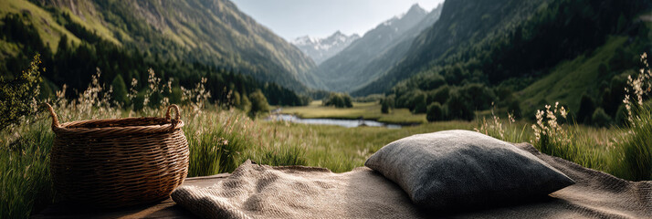 Naklejka premium Wicker picnic basket with blanket and pillow on a wooden deck overlooking a serene mountain valley, green slopes and a winding river under a clear summer sky