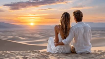 Fototapeta premium Couple embracing on sand dunes, watching a beautiful golden sunset over a vast desert landscape, symbolizing love, freedom, and a romantic vacation getaway