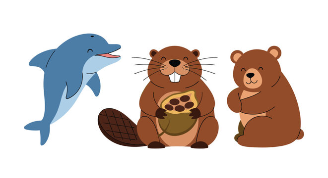Set of adorable cartoon animals including a jumping dolphin, a beaver eating a nut, and a friendly brown bear hugging itself.