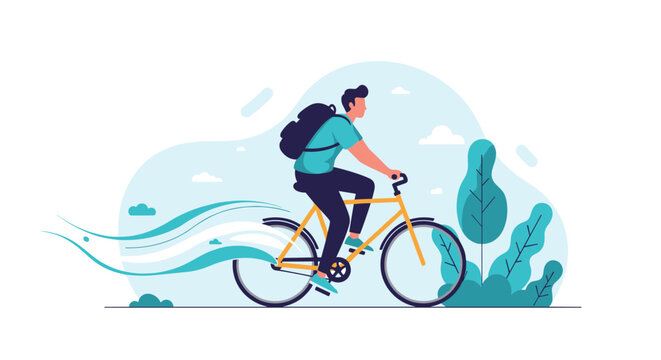 Active young man riding a yellow bicycle with a backpack in a park setting for commuting or healthy daily exercise.