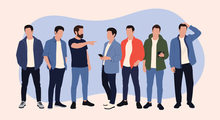 Obraz premium Group of diverse young men in casual fashion stand together against a simple abstract background showing different styles.