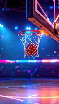 A basketball is captured mid-air as it falls through a net, illuminated by vibrant arena lights.