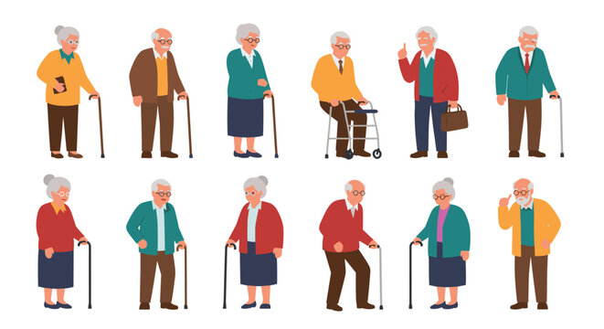 Large collection of elderly men and women show different poses and styles while many utilize walking sticks or mobility aids.