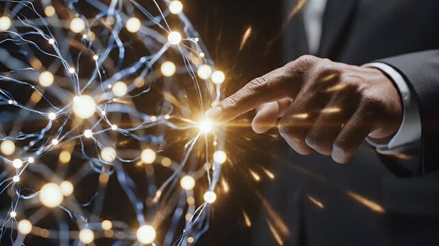 Business person interacting with glowing neural network abstract visualization