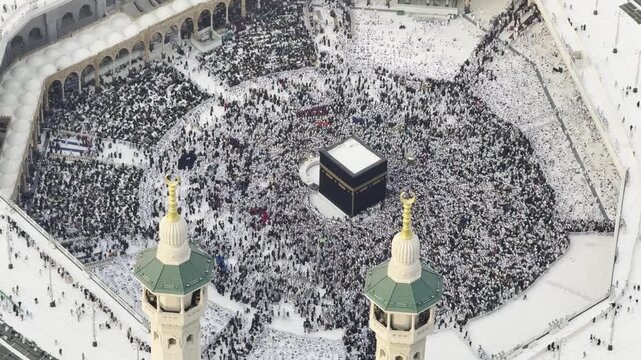 Aerial View of the Holy Kaaba and Massive Pilgrim Gathering at the Grand Mosque in Mecca