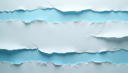 Fototapeta premium Torn paper strips overlay light blue background. Layers create depth and space for text. Minimalist design uses clean edges and soft lighting for a calm aesthetic.