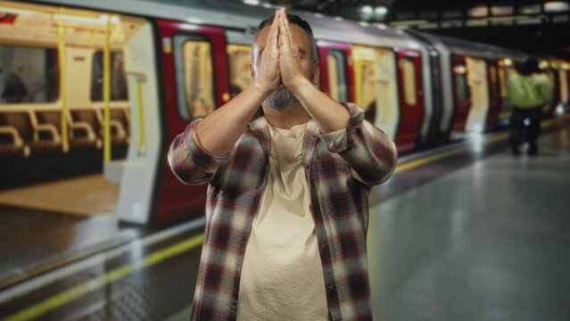 Man with hands pressed together above head, eyes closed, standing on a train platform inside station building; calm reflection intent.