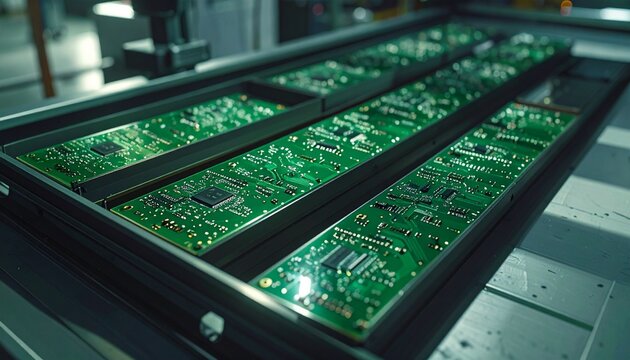 Green printed circuit boards in trays, symbolizing electronics manufacturing, digital components, and modern technology assembly.