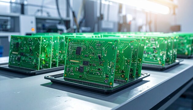 Green printed circuit boards in trays, symbolizing electronics manufacturing, digital components, and modern technology assembly.