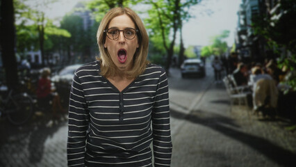 Fototapeta premium Woman with glasses showing hands raised and open mouth gesture on busy street cafe terrace with blurred diners and bikes; surprise reaction.
