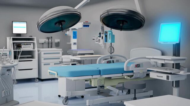 3D Render of Empty Modern Operating Room with Surgical Equipment and Lights