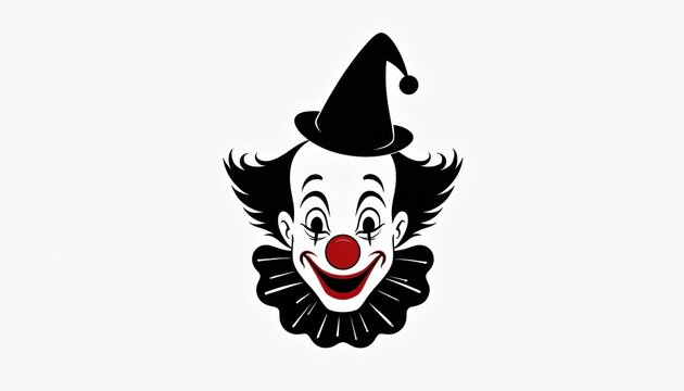 Clown face graphic in black and white with red nose and hat. Joyful character smiles and wears ruffled collar. Classic circus performer illustration for entertainment.
