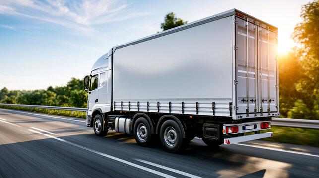 Rear view of a delivery cargo truck with a long empty white trailer driving on an American highway with mock-up space, delivery truck concept, highway trailer photography,