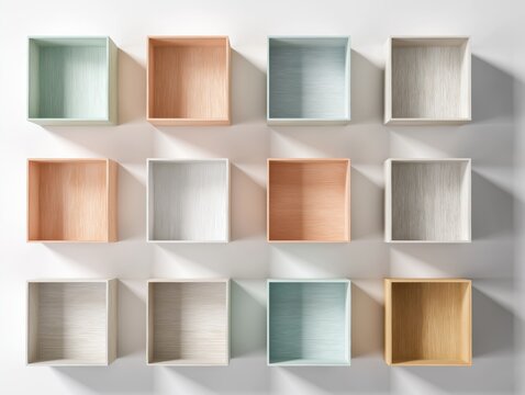 Twelve wooden storage box frames arranged in a grid pattern mounted on a clean minimalist white wall surface